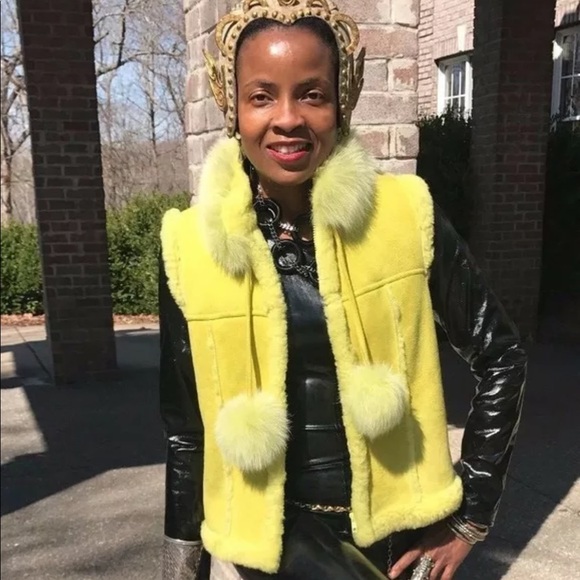 Designer Morris Kaye Yellow lime Green Shearling & fox Fur Vest Coat jacket S-M - Picture 5 of 11